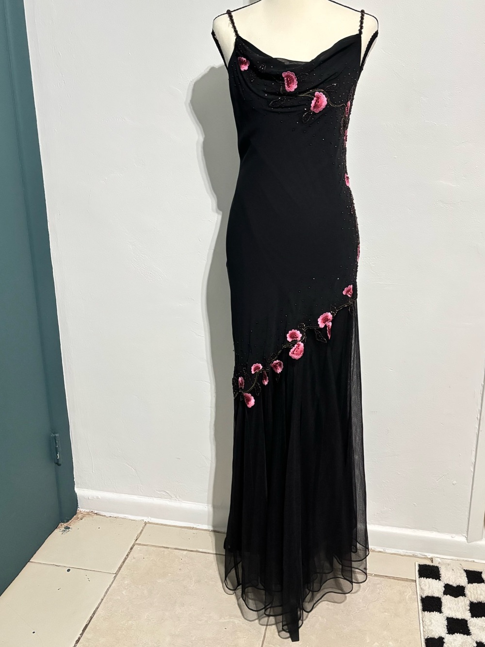 Jessica Petite 04P Black Floral Embroidered Beaded Mesh Evening Gown